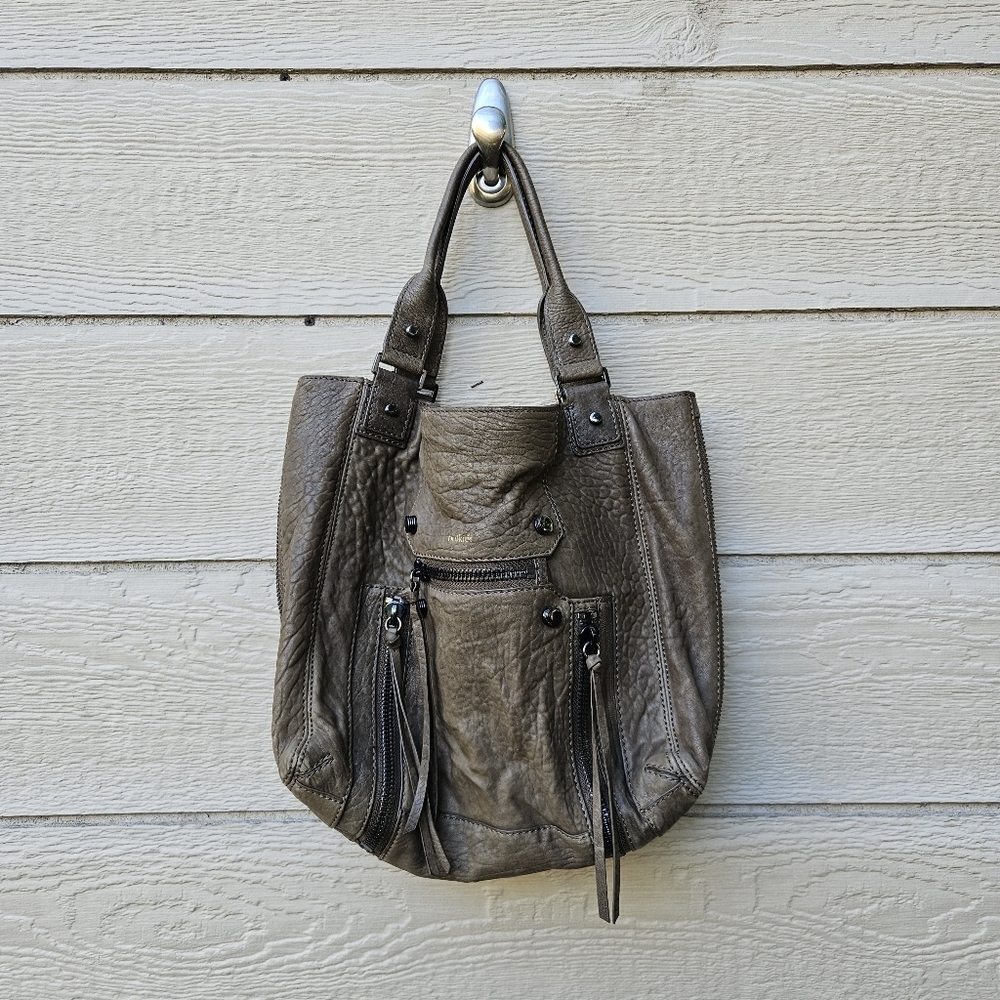 botkier taupe leather tote bag with zipper accents